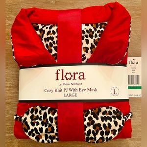 NWT Flora Nikrooz Cozy Knit Notch Collar PJ Set Eye Mask red leopard print L